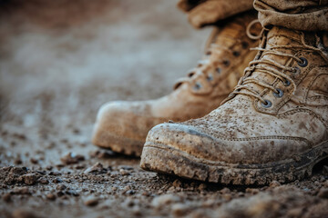 Close-up of muddy military boots on dirt road