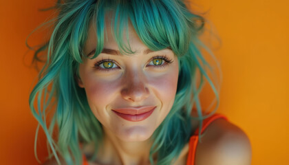 Fototapeta premium Avec ses cheveux teints de couleurs vives, une jeune femme sourit largement, visiblement ravie et satisfaite, son expression reflète la confiance et l'accomplissement personnel.