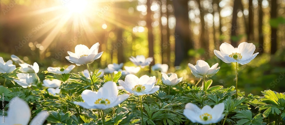 Poster white flowers of anemones in a spring forest close-up in sunlight. flowering primroses in a spring f