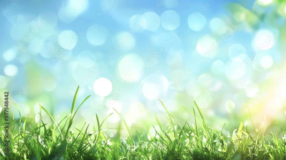Poster Spring meadow with green grass and blue sky. Abstract background with light bokeh.