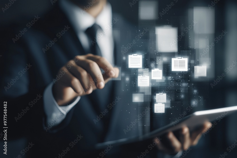 Poster Businessman uses laptop with database folder online to store documents. Secure file storage process.