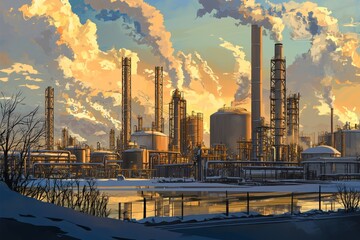 Naklejka premium Various views of a refinery in the petrochemical industry taken from an aerial perspective in the morning background. A plant oil station, a furnace factory line, and a fuel and energy plant are
