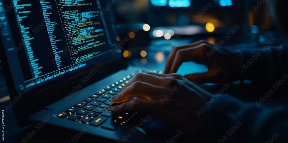 Poster Programming in a laptop for data management and exchange with AI business and machine learning, concept of digital technology and data science.