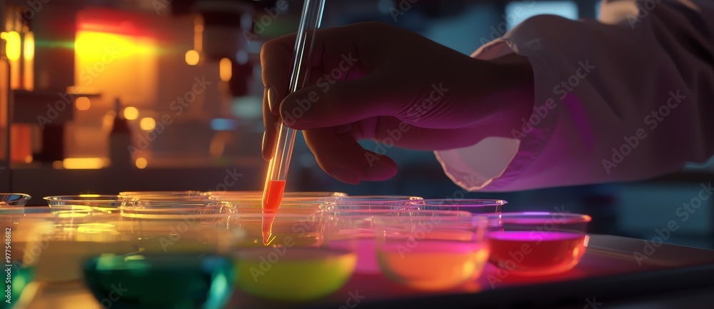 Poster A biochemical engineer working with microplates in a biotechnology lab. Place to add text or design.