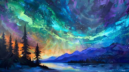 Fototapeta premium Aurora Borealis: A mesmerizing display of the Northern Lights dancing across the night sky in vibrant greens and purples. 