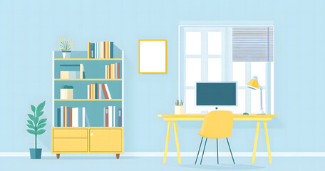 Minimalist Home Office Setup with Bookshelf, Desk, and Computer in a Sunlit Room