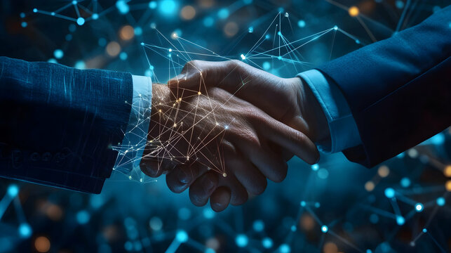 Cybersecurity partnership represented through high-tech connections and secure data exchange  -