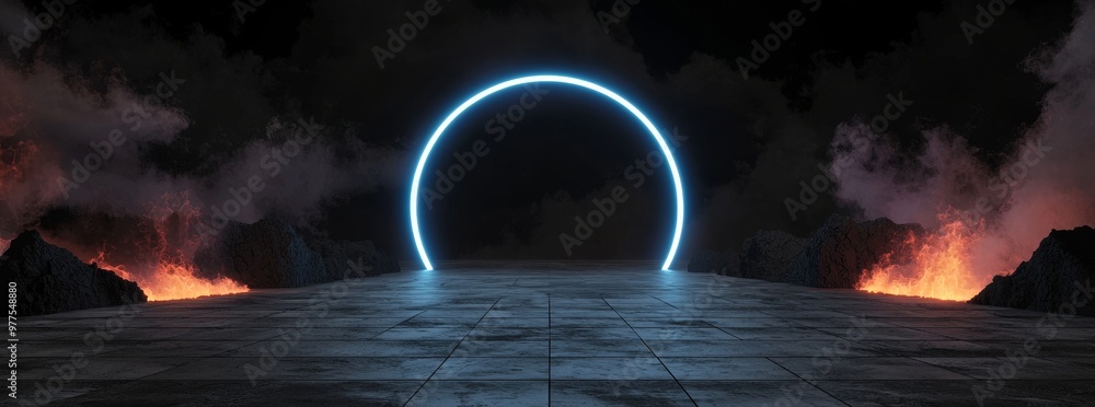 Poster Virtual 3D podium with hud design technology background portal cyber tech cyberpunk digital element show space future room with lighting desk.