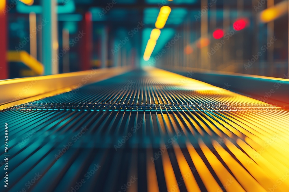 Poster Detailed image of a conveyor belt for filling processing in a production line of an industry, with factory rollers transferring products, an automatic process.