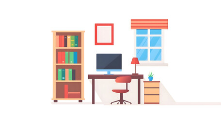 Minimalist Home Office Setup with Bookshelf, Desk, and Computer in a Sunlit Room