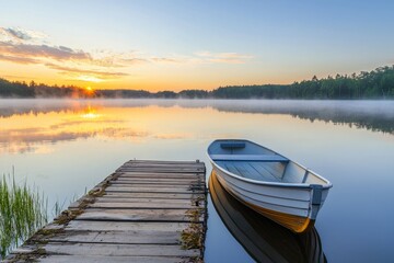 Obraz premium Landscape of a lake with rowboats and old wooden bridges, peaceful water with a fresh environment and a beautiful sky and clouds in the background, a great place for rest and relaxation.