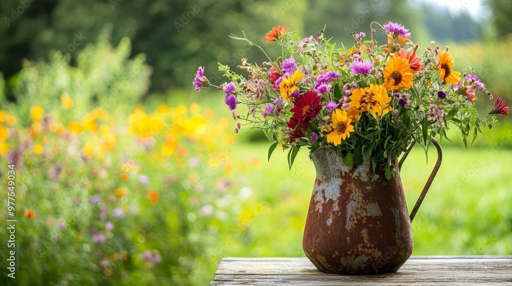 Canvas Prints A bunch of wild flowers in a field is arranged on a table, in front of a natural green background in the summer