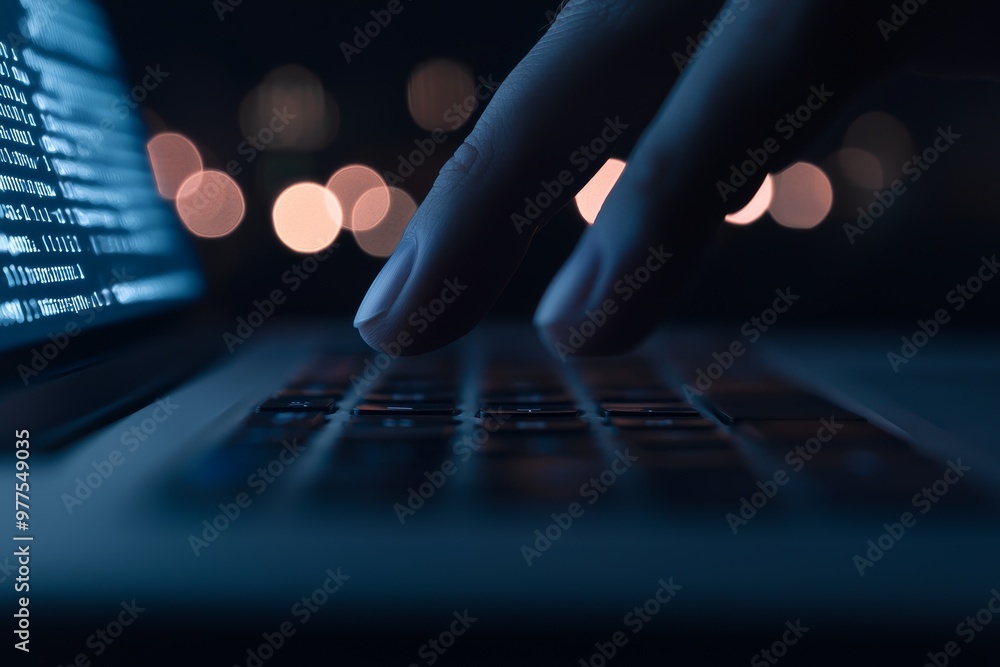 Aufkleber With a hand operating a keyboard against a backdrop of a city skyline, this is a symbolic representation of computer work and coding