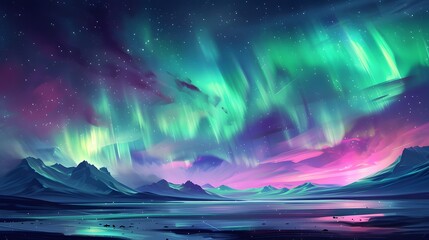 Aurora Borealis: A mesmerizing display of the Northern Lights dancing across the night sky in vibrant greens and purples. 
