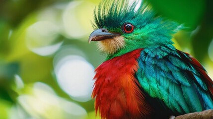 Obraz premium A stunning close-up of a colorful quetzal bird perched in the wild, with iridescent green and red feathers shining.