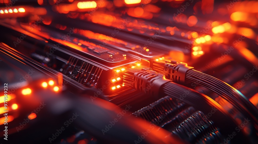 Poster For storing and transmitting information through a secure internet technology network, a LAN cable is used in a modern server room.