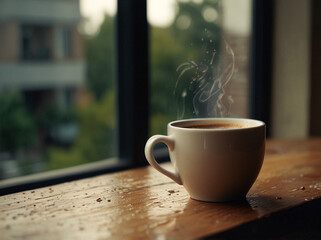 Obraz premium A hot cup of coffee near the window early at morning