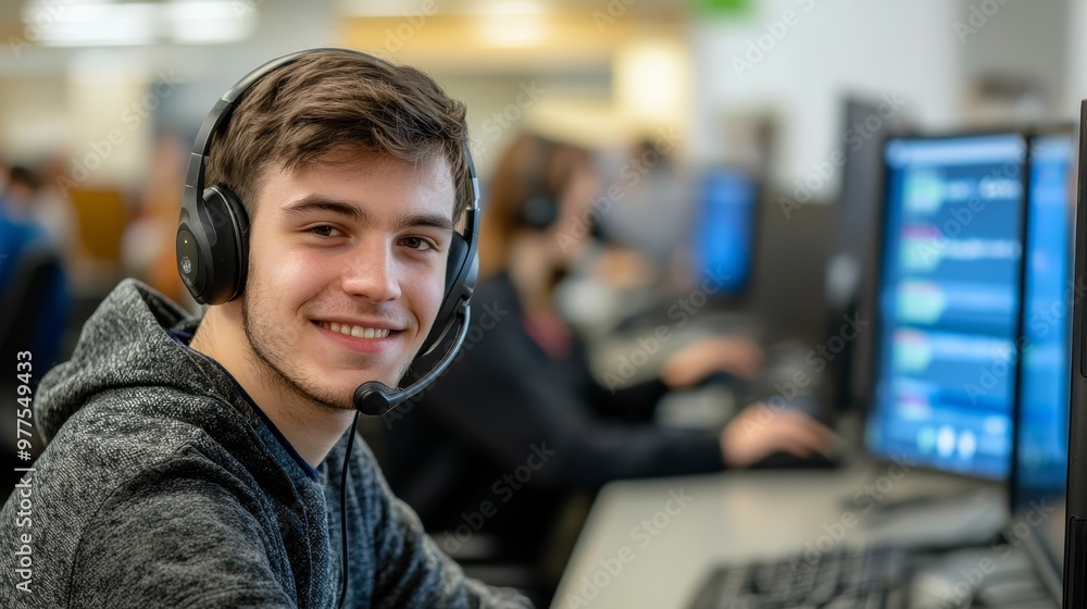Poster wearing a headset and working at a computer, young man working in customer service.