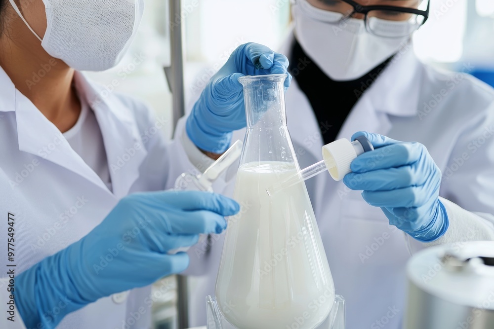 Aufkleber in a biotechnology lab or dairy quality control lab, scientists or nutritionists are analyzing a sam