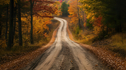Dirt road lined with autumn-colored trees on both sides  -