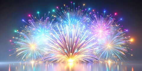 Fototapeta premium 3D Holographic Fireworks Burst - Stunning Medium Shot of Exploding Holographic Patterns with Shimmering Trails on White Background for Creative Designs