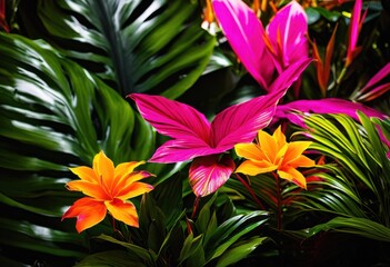 vibrant plant arrangements featuring bold colors diverse textures lush greenery setting, botanical, bloom, composition, decor, display, exotic, foliage