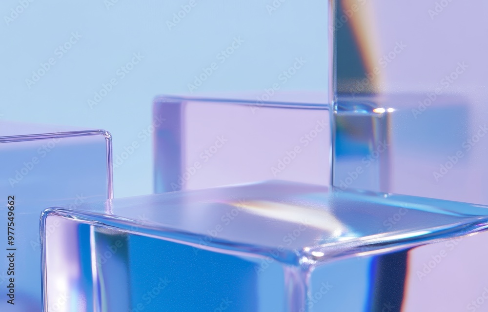 Poster a stock image of transparent glass blocks in different shapes on a blue background
