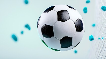 Naklejka premium A soccer ball spins through the air, entwined with abstract blue shapes.