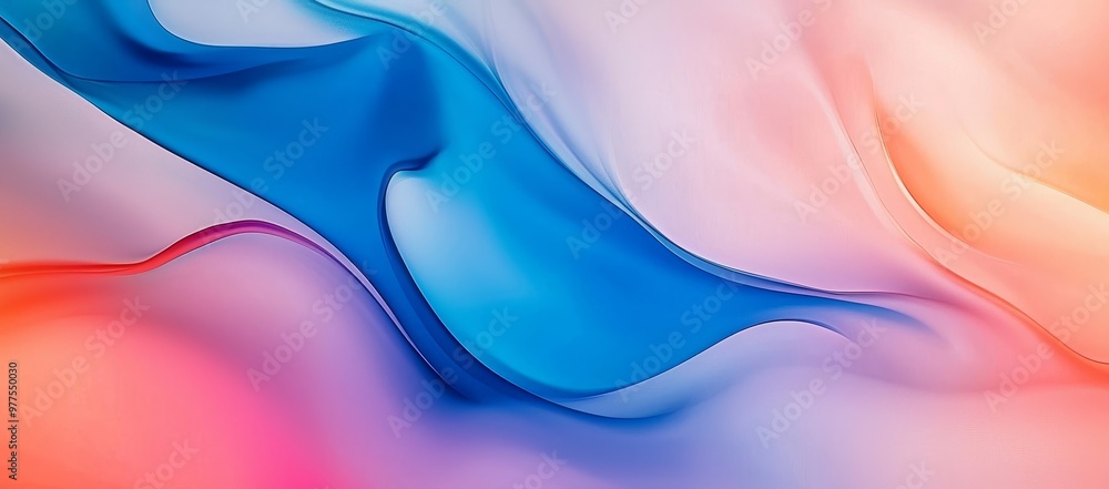 Poster on a black background, an abstract fluid holographic curved wave in motion uses a variety of colorfu