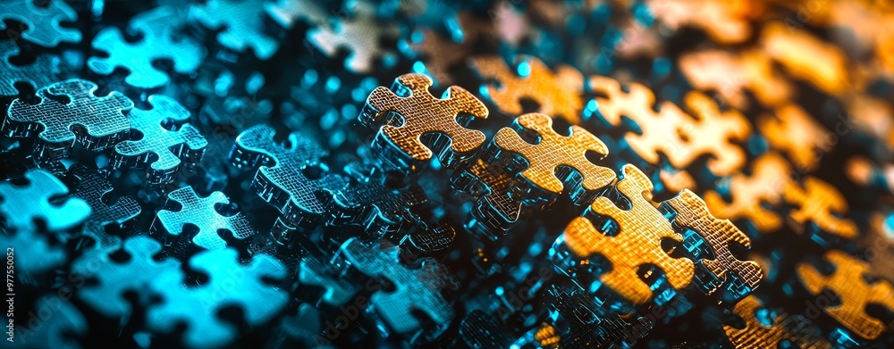 Poster Puzzle pieces connected in a digital network, illustrating concepts like connectivity, problem-solving, and technology