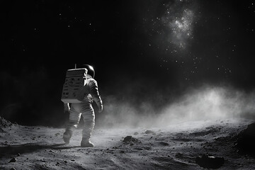 Obraz premium An astronaut exploring a desolate lunar landscape under a starry sky.