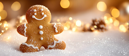 A gingerbread man is smiling and standing on a snowy surface