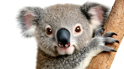 Fototapeta premium A koala cub holds tightly to its branch, captured in a close-up portrait.