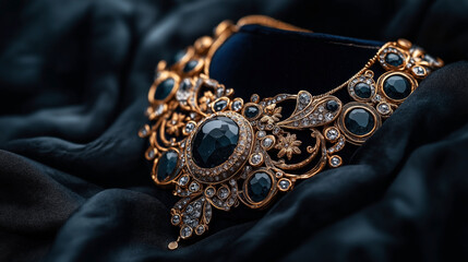 Close-up of an ornate gold necklace adorned with dark blue gemstones and intricate details, placed on a rich black velvet fabric.