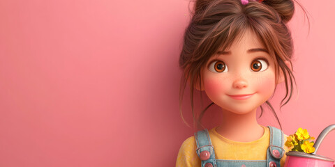  Charming animated girl with a watering can in a vibrant pink floral garden, ideal for themes of spring, growth, and children's education.