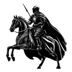 Silhouette of a knight on a horse, in black color only, full-body, isolated on a white background. 