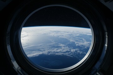 With a stunning bright universe view from a round window on the white cabin of a spacecraft