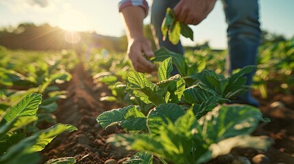 Fototapeta premium Agriculturists use core data networks via mobile devices to validate, test, and choose new crop methods. This approach is especially relevant for young farmers and tobacco cultivation.