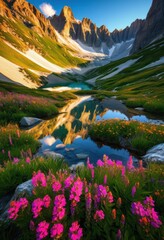 Naklejka premium breathtaking mountain peaks surrounded vibrant light variations capturing splendor, nature, landscape, scenery, sky, color, view, horizon, summit, ridge