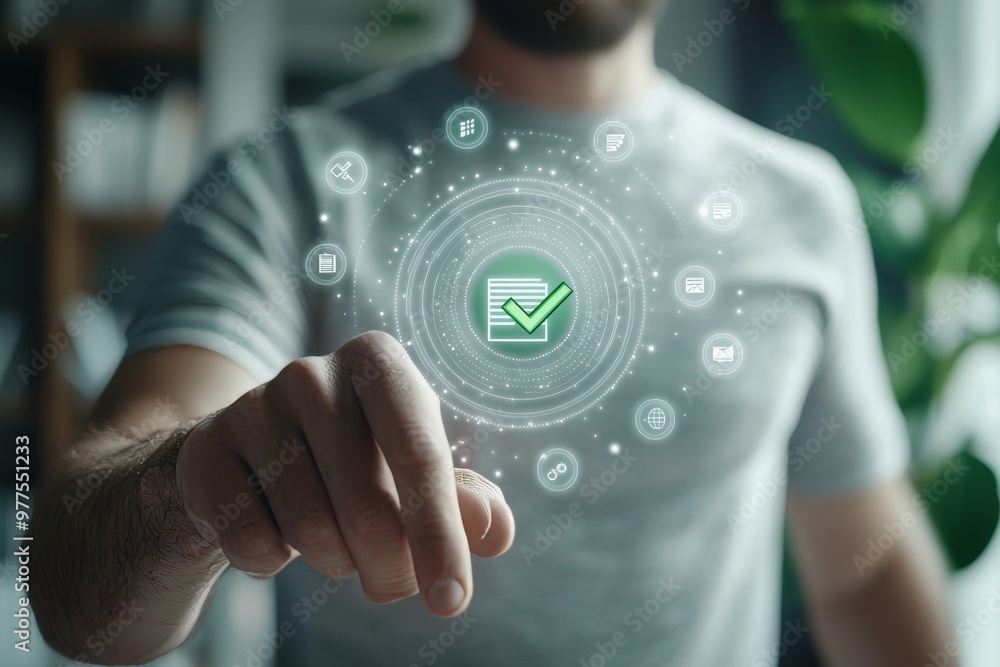 Poster Business process workflow is illustrated by using a laptop for paperless online approval for management approval and project approval.
