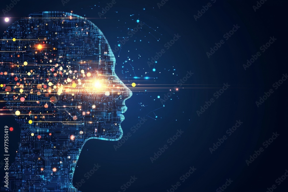 Poster an image of a humanoid head displaying blue and yellow eyes, a neon neural network, and futuristic t