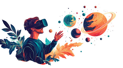 Fototapeta premium Man Wearing Virtual Reality Headset Watching Planet Immersed in Abstract VR World Vector Illustration