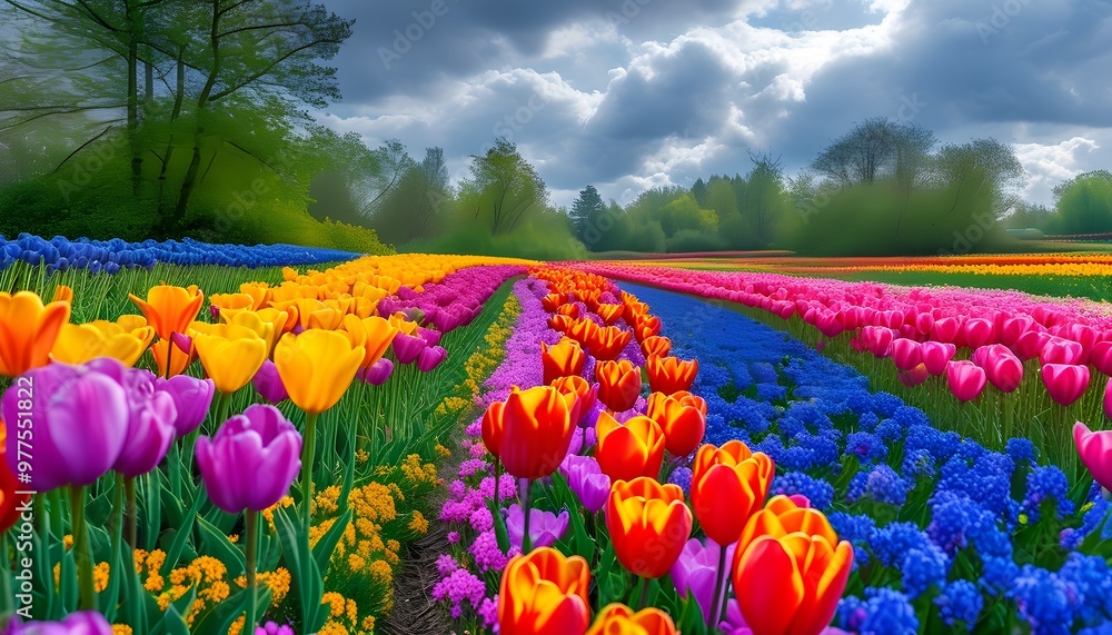 Wall mural colorful spring garden bursting with blooming tulips and diverse flowers under picturesque cloudy sk