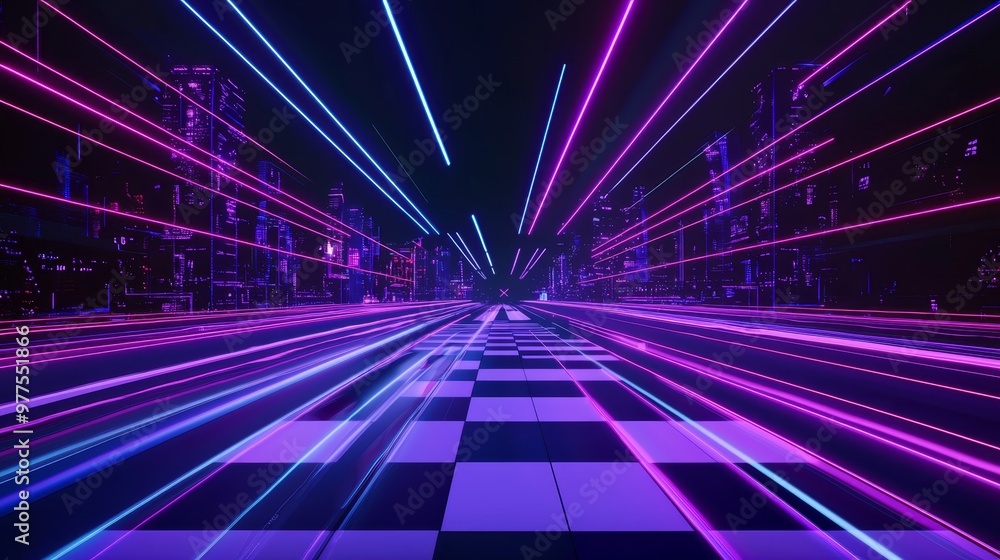 Poster An abstract virtual reality scene with futuristic technology neon light background, an empty space with reflection light on the floor, an internet connection and an abstract virtual reality scene in