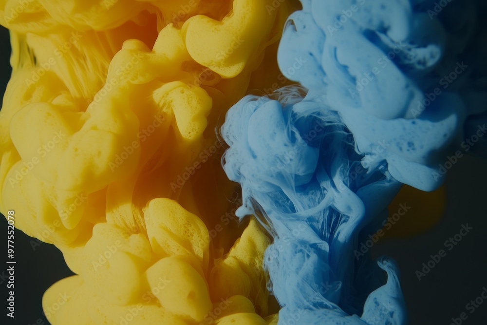 Poster the image illustrates yellow and light blue paint drops dissolving in fluid to create abstract patte