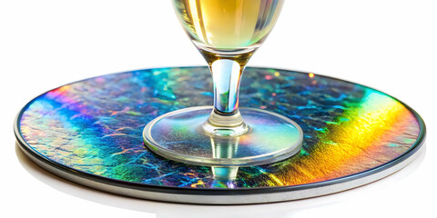 Holographic Champagne Flute Coaster Concept: Wide Shot Capturing Intricate Patterns and Reflections Against a Clean White Background