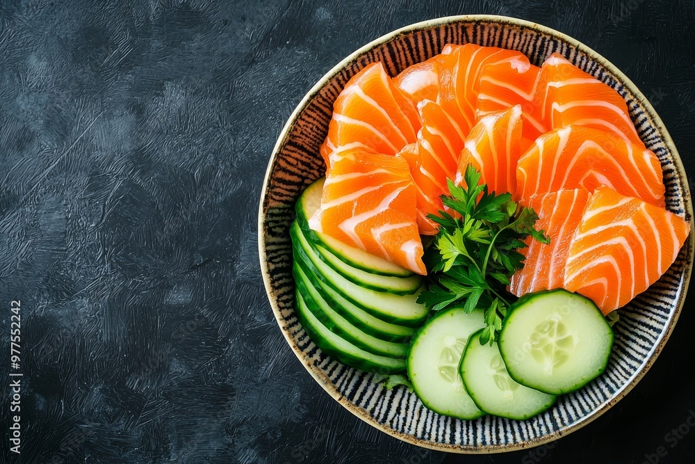 Wall mural closeup of fresh raw salmon fillet steak and sashimi on wooden board background. healthy food for di