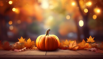 Pumpkin with Autumn Decorations Tabletop Scene. Large Pumpkin Surrounded by Autumn Leaves and Small Gourds Arranged on a Rustic Wooden Table. Graphic art illustration