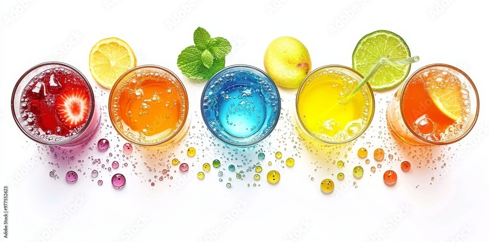 Poster Isolated top view of glasses with a colorful drinks menu for soda and mocktail or cocktail.