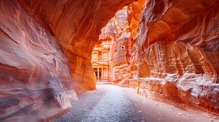 Walking along the Siq to Petra, Jordan, reveals a narrow, winding gorge that leads to the stunning Treasury, with its intricate fa&ccedil;ade carved into rose-red cliffs. The dramatic approach through 